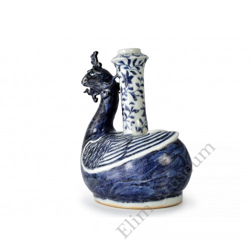 1417  A Blue-White  phoenix-head B&W kendi